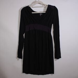 Y2K Roxy Black Long Sleeve Cross Front Dress With Purple Polka Dots Size L